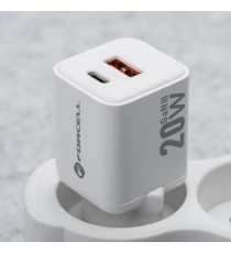 Caricabatterie da muro USB-A e USB-C type-c 20W 3A Forcell F-Energy Mini GaN III VT-35A bianco caricatore PD e Quick Charge 4.0