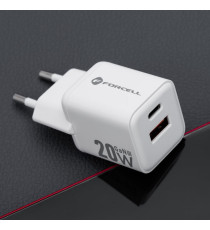Caricabatterie da muro USB-A e USB-C type-c 20W 3A Forcell F-Energy Mini GaN III VT-35A bianco caricatore PD e Quick Charge 4.0