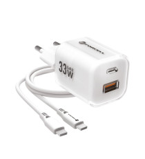 Pack caricabatterie da muro 2 porte USB-A e USB-C 33W white Forcell F-Energy Crystal VT-41 cavo type-c PD QC4.0 tecnologia GaN3