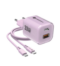 Pack caricabatterie da muro 2 porte USB-A e USB-C 33W purple Forcell F-Energy Crystal VT-41 cavo type-c PD QC4.0 tecnologia GaN3