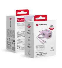 Pack caricabatterie da muro 2 porte USB-A e USB-C 33W purple Forcell F-Energy Crystal VT-41 cavo type-c PD QC4.0 tecnologia GaN3