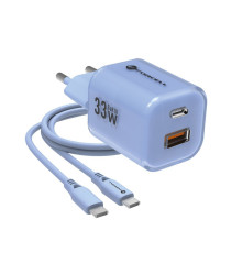 Pack caricabatterie da muro 2 porte USB-A e USB-C 33W blue Forcell F-Energy Crystal VT-41 cavo type-c PD QC4.0 tecnologia GaN3