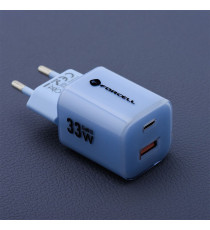 Pack caricabatterie da muro 2 porte USB-A e USB-C 33W blue Forcell F-Energy Crystal VT-41 cavo type-c PD QC4.0 tecnologia GaN3