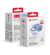 Pack caricabatterie da muro 2 porte USB-A e USB-C 33W blue Forcell F-Energy Crystal VT-41 cavo type-c PD QC4.0 tecnologia GaN3