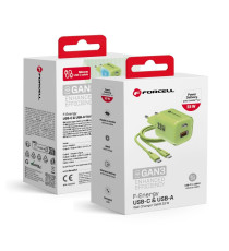 Pack caricabatterie da muro 2 porte USB-A e USB-C 33W green Forcell F-Energy Crystal VT-41 cavo type-c PD QC4.0 tecnologia GaN3