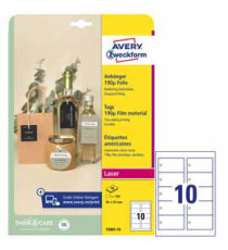Cartellino stampabile resistente - plastica 190 µ - laser - 90 x 50 mm - 10 cart/fg - 10 fogli - bianco - Avery Cartellino stampabile resistente - plastica 190 µ - laser - 90 x 50 mm - 10 cart/fg - 10 fogli - bianco - Avery