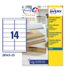 Etichette adesive J8563 - in poliestere - inkjet - permanenti - 99,1 x 38,1 mm - 14 et/fg - 25 fogli - trasparente - Ave Etichette adesive J8563 - in poliestere - inkjet - permanenti - 99,1 x 38,1 mm - 14 et/fg - 25 fogli - trasparente - Ave