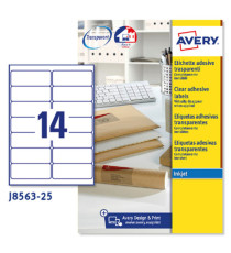 Etichette adesive J8563 - in poliestere - inkjet - permanenti - 99,1 x 38,1 mm - 14 et/fg - 25 fogli - trasparente - Ave Etichette adesive J8563 - in poliestere - inkjet - permanenti - 99,1 x 38,1 mm - 14 et/fg - 25 fogli - trasparente - Ave