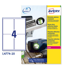Etichette adesive L4774 - in poliestere - laser - permanenti - 99,1 x 139 mm - 4 et/fg - 20 fogli - bianco - Avery