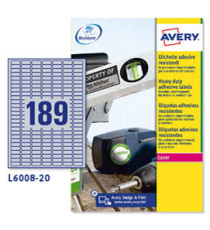 Etichette adesive L6008 - in poliestere - laser - permanenti - 24,5 x 10 mm - 189 et/fg - 20 fogli - argento - Avery Etichette adesive L6008 - in poliestere - laser - permanenti - 24,5 x 10 mm - 189 et/fg - 20 fogli - argento - Avery