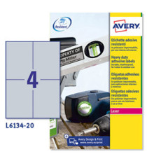Etichette adesive L6134 - in poliestere - laser - permanenti - 105 x 148 mm - 4 et/fg - 20 fogli - argento - Avery Etichette adesive L6134 - in poliestere - laser - permanenti - 105 x 148 mm - 4 et/fg - 20 fogli - argento - Avery