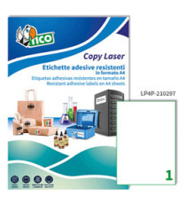 Etichette adesive LP4P - in poliestere - laser - permanenti - 210 x 297 mm - 1 et/fg - 70 fogli - bianco - Tico Etichette adesive LP4P - in poliestere - laser - permanenti - 210 x 297 mm - 1 et/fg - 70 fogli - bianco - Tico