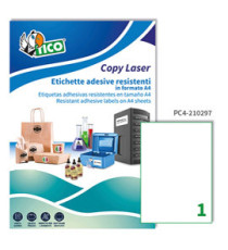 Etichette adesive PC4 - in poliestere - laser - permanenti - 210 x 297 mm - 1 et/fg - 100 fogli - trasparente - Tico Etichette adesive PC4 - in poliestere - laser - permanenti - 210 x 297 mm - 1 et/fg - 100 fogli - trasparente - Tico