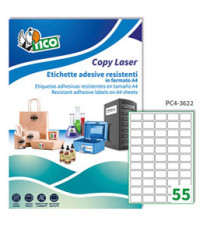 Etichette adesive PC4 - in poliestere - laser - permanenti - 36 x 22 mm - 55 et/fg - 100 fogli - trasparente - Tico Etichette adesive PC4 - in poliestere - laser - permanenti - 36 x 22 mm - 55 et/fg - 100 fogli - trasparente - Tico