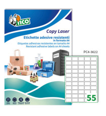 Etichette adesive PC4 - in poliestere - laser - permanenti - 36 x 22 mm - 55 et/fg - 100 fogli - trasparente - Tico Etichette adesive PC4 - in poliestere - laser - permanenti - 36 x 22 mm - 55 et/fg - 100 fogli - trasparente - Tico