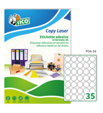 Etichette adesive tonde PG4 - in carta - laser - permanenti - diametro 36 mm - 35 et/fg - 100 fogli - bianco lucido - Ti Etichette adesive tonde PG4 - in carta - laser - permanenti - diametro 36 mm - 35 et/fg - 100 fogli - bianco lucido - Ti
