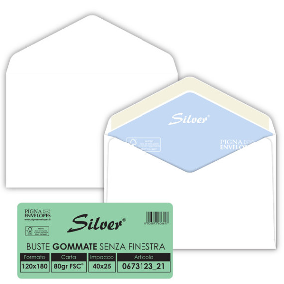 Busta Busta Silver Matic FSC - senza finestra - gommata - 12 x 18 cm - 80 gr -  bianco - Pigna Envelopes - conf. 25 pezz Busta Busta Silver Matic FSC - senza finestra - gommata - 12 x 18 cm - 80 gr -  bianco - Pigna Envelopes - conf. 25 pezz