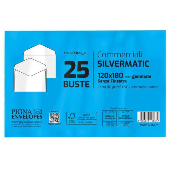 Busta Busta Silver Matic FSC - senza finestra - gommata - 12 x 18 cm - 80 gr -  bianco - Pigna Envelopes - conf. 25 pezz Busta Busta Silver Matic FSC - senza finestra - gommata - 12 x 18 cm - 80 gr -  bianco - Pigna Envelopes - conf. 25 pezz
