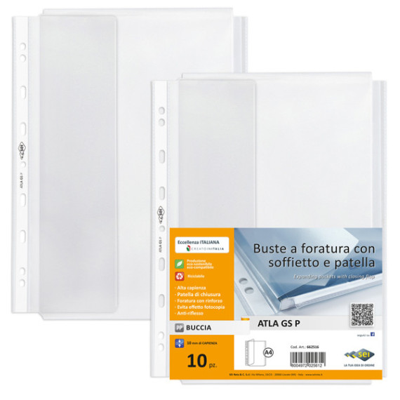 Buste forate ATLA GS P - 21 x 29,7 cm - PP - c/soffietto e patella - trasparente buccia - Sei Rota - conf. 10 pezzi Buste forate ATLA GS P - 21 x 29,7 cm - PP - c/soffietto e patella - trasparente buccia - Sei Rota - conf. 10 pezzi