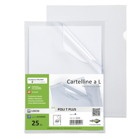 Cartellina a L - Poli T Plus - PP - 22 x 30 cm - trasparente liscio - Sei rota - conf.25 pezzi Cartellina a L - Poli T Plus - PP - 22 x 30 cm - trasparente liscio - Sei rota - conf.25 pezzi