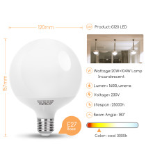 Lampadina led G120 20W attacco E27 2060 lumen 3000K luce calda misura D120xH157mm Equivale a 129w a incandescenza