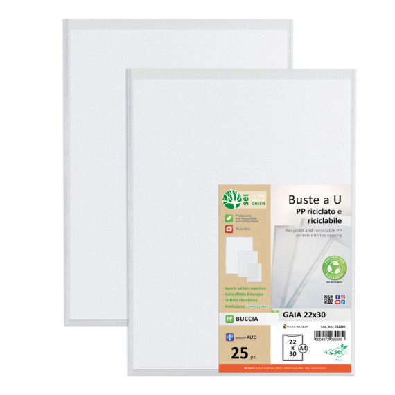 Buste a sacco Gaia - PP riciclato - 22 x 30 cm - buccia - trasparente - Sei rota - conf. 25 pezzi Buste a sacco Gaia - PP riciclato - 22 x 30 cm - buccia - trasparente - Sei rota - conf. 25 pezzi