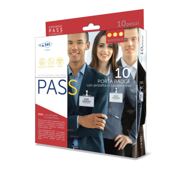 Portanome Pass 3EC - con cordoncino trasparente - 9,5 x 6 cm - PVC - Sei Rota - conf. 10 pezzi Portanome Pass 3EC - con cordoncino trasparente - 9,5 x 6 cm - PVC - Sei Rota - conf. 10 pezzi