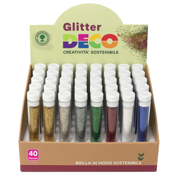 Glitter Bio grana fine - 10ml - colori assortiti - Deco - display 40 flaconi Glitter Bio grana fine - 10ml - colori assortiti - Deco - display 40 flaconi