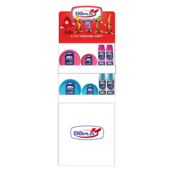 Espositore da terra Mini - con piatti e bicchieri Reuse - fucsia/turchese - Dopla Espositore da terra Mini - con piatti e bicchieri Reuse - fucsia/turchese - Dopla