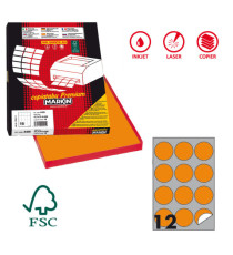 Etichette adesive R/310 - in carta - permanenti - tonde - diametro 60 mm - 12 et/fg - 100 fogli - arancio fluo - Markin