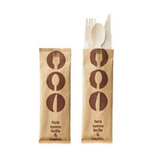 Tris posate - in legno - 16 cm - con tovagliolo - Leone - conf. 48 pezzi