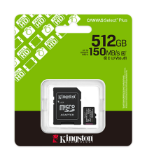Micro Kingston SDCS3/512GB SDXC 512GB classe 10 UHS-I, U1/U3, Classe video 10/30, A1 microSD Canvas Select Plus fino a 150 MB/s