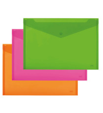 Busta con bottone - 33,5 x 23.5 cm - PP - colori assortiti fluo - Lebez - conf. 3 pezzi