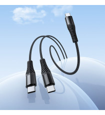 Cavo di ricarica USB-C 2 in 1 X123 black connettore USB-C(Type-C) Ricarica veloce 3A Cavo 1mt in nylon da USB C a USB C+C