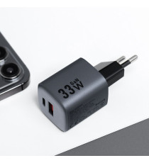 Caricabatterie da muro 2 porte USB-A e USB-C 3A F-Energy 33W GaN – USB-C PD + USB-A QC 4.0 grigio type-c caricatore Quick Charge