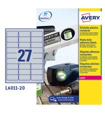 Etichette adesive L6011 - in poliestere - laser - permanenti - 63,5 x 29,6 mm - 27 et/fg - 8 fogli - argento - Avery