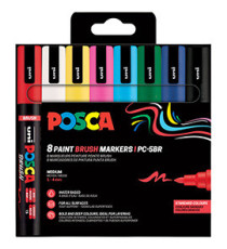 Marcatore a base d'acqua Uni Posca PC5MBR - punta brush 1.0 - 4.0mm - colori assortiti  - Uni Mitsubishi - conf. 8 pezzi