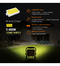 Faro led portatile da cantiere ricaricabile 100W 2200 lumen 6500K luce fredda IP65 - L304xW56xH385mm - orientabile a 360 gradi