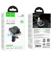 Trasmettitore Bluetooth Auto Hoco E86 48W PD QC3.0 con USB-C e 2 USB Nero, FM Bluetooth con ricarica rapida, supporto USB/TF