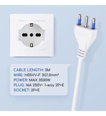 Prolunga elettrica 5 METRI Schuko + Italiana spina e presa 16A max 3680W cavo di alimentazione certificato VDE