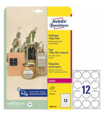 Cartellino stampabile resistente - plastica 190 µ -  laser - diametro 60 mm - 12 cart/fg - 10 fogli - bianco - Avery