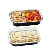 Contenitore alluminio stirato - c/ coperchio R-PET - 2 porzioni - 22 x 15 x 4,4 cm - Cuki Professional - conf. 25 pezzi