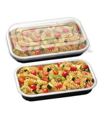 Contenitore alluminio stirato - c/coperchio R-PET - 4 porzioni - 26,5 x 16,2 x 3,7 cm - Cuki Professional - conf. 25 pez
