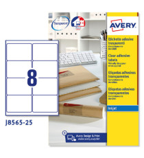 Etichette adesive J8565 - in poliestere - inkjet - rimovibili - 99,1 x 67,7 mm - 8 et/fg - 25 fogli - trasparente - Aver