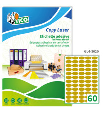 Etichette adesive ovali GL4 - in carta - permanenti- 36 x 20 mm - 60 et/fg - 100 fogli - oro satinato - Tico
