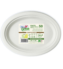 Piatto piano monouso - ovale - 26 x 19,5 cm - cellulosa - bianco - Dopla Green - conf. 50 pezzi