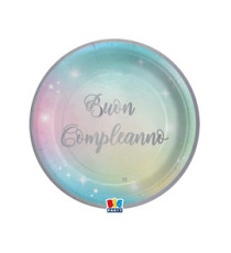 Piatto Soft Rainbow - Buon Compleanno - diametro 18 cm - carta - Big Party - conf. 8 pezzi