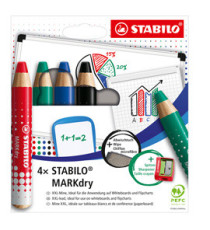 Matitoni MARKdry per lavagne - con temperino e panno microfibra - Stabilo - astuccio 4 pezzi