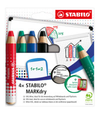 Matitoni MARKdry per lavagne - con temperino e panno microfibra - Stabilo - astuccio 4 pezzi