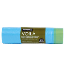 Sacchi per rifiuti con maniglie Voilà - 50x60 cm - 30 L - 15 micron - azzurro - Perfetto - rotolo da 15 sacchetti
